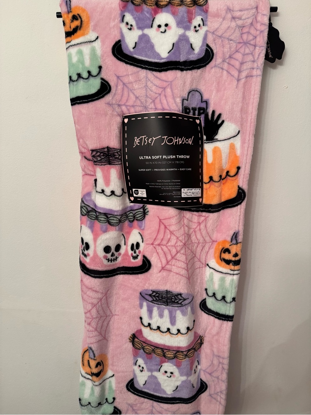 Betsey Johnson Pink Halloween Plush Throw with Ghost & Cake Pattern